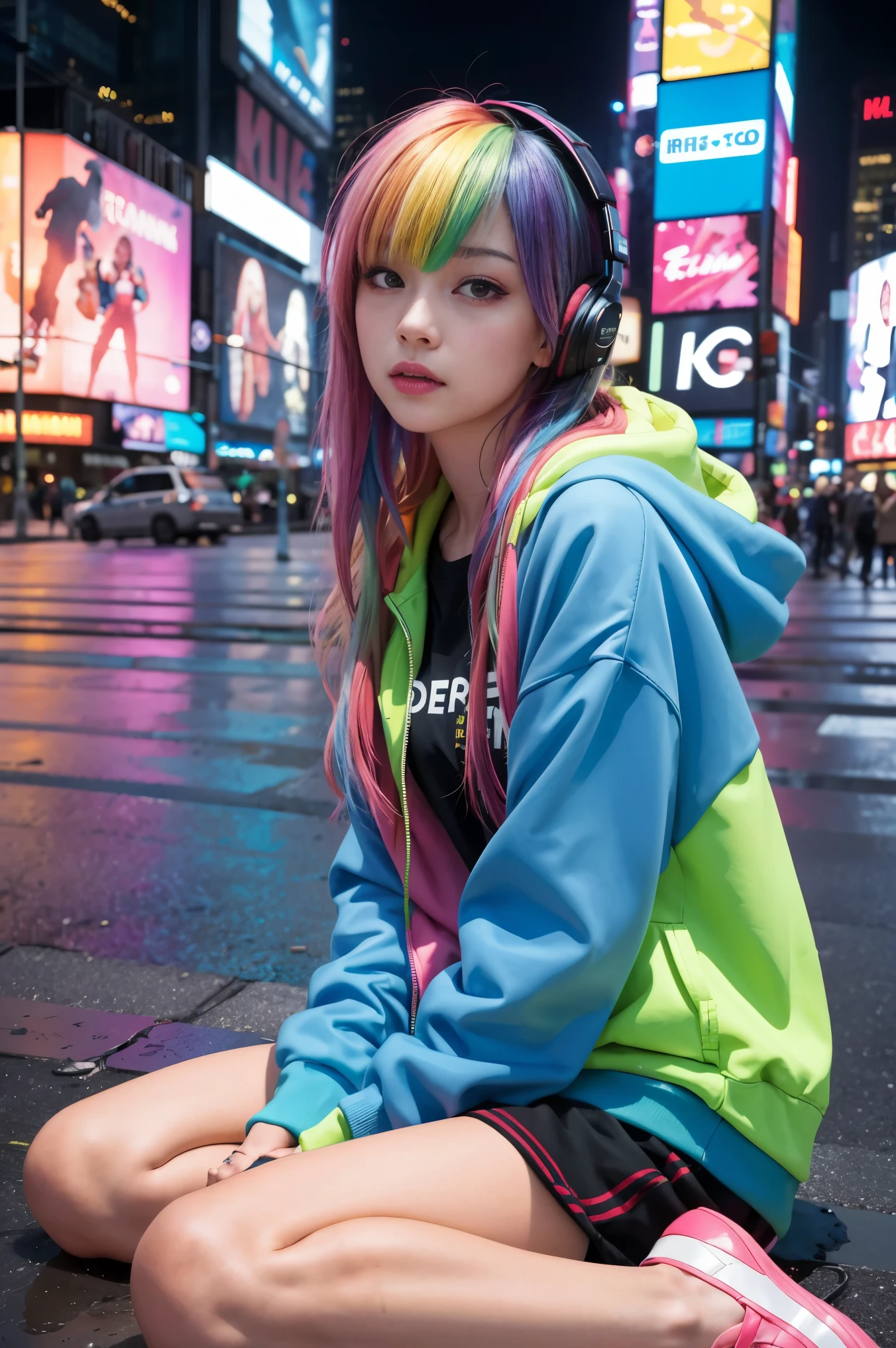 (In 8K、RAW photo、highest quality、masterpiece:1.2)、(realistic、Photoreal:1.37)、super detailed、超A high resolution、1 girl、solo、rainbow hair、hoodie、espadrilles、straight hair、headphones、length、(Center of the intersection)、(sitting on the ground)、night、neon、Times square、cyberpunk、Physically based rendering、movie lighting、dynamic angle