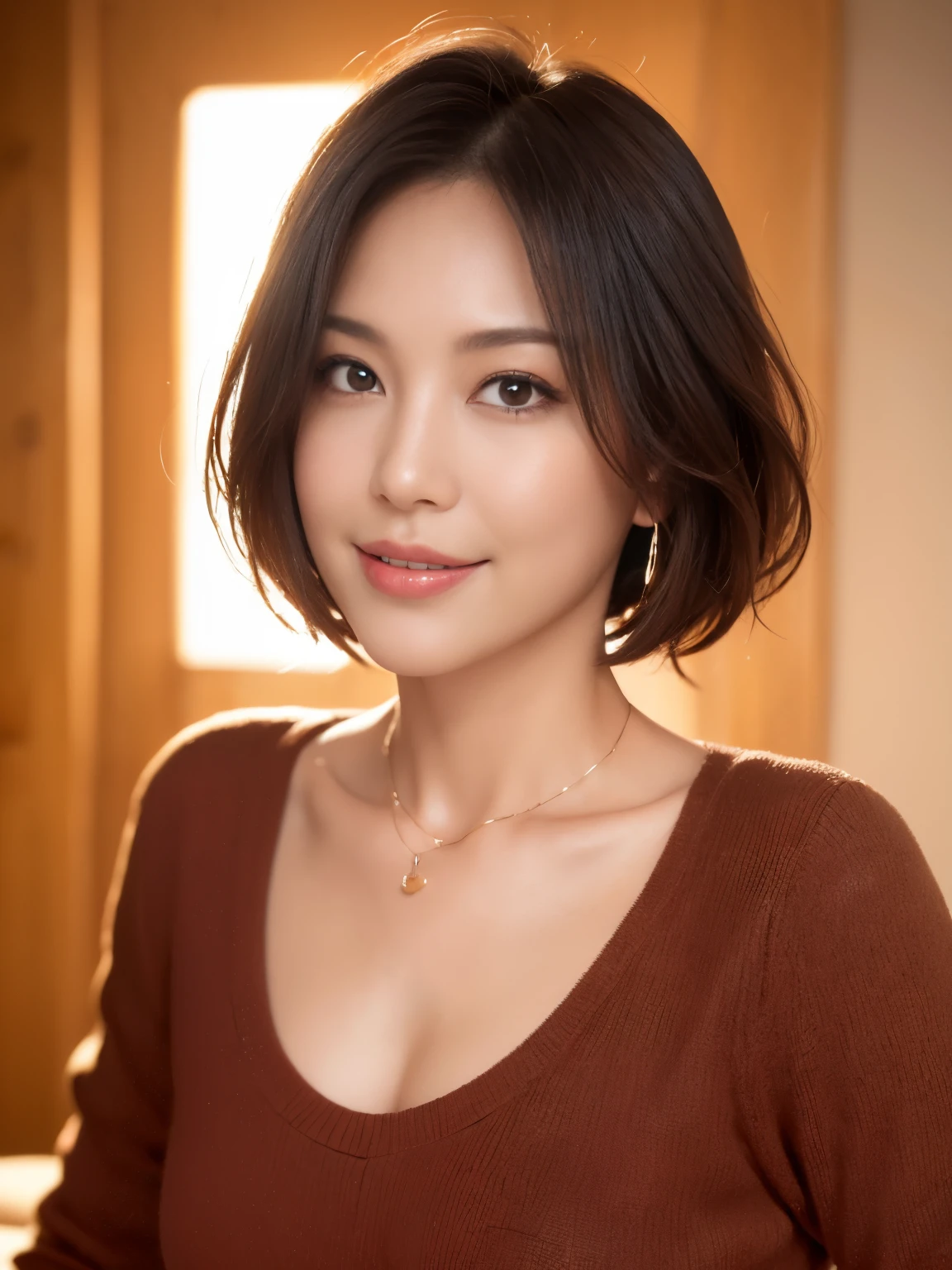 one mature woman、38 years old、Japanese,looking at the viewer,(brown sweater),(white wool pants),（Wearing a pearl necklace）、 shiny face,shiny skin,shortcut,necklace,earrings,normal size breasts,black hair,red mouth,clavicle,beautiful fingers,full body portrait,  short hair, bob cut, 8K, Super detailed, highest quality, rough skin, anatomically correct, masterpiece , highest quality, cinematic lighting, Use perspective throughout , Surrealism , ,(realistic:1. 3),(RAW photo) , black hair, light smile, short hair, bob cut, anaglyph, stereogram, (mature woman:1), (38 years old), ((close:0.5)), glare, double eyelid, lip gloss, (smile:1), ((close your eyes:0.85)), red mouth, clavicle, ((looking at the viewer)), (short hair of reddish-brown color wet and shiny,), (I can see the whole body) , Slightly thick body type , wide eyed , perfectly round eyes , fine texture 