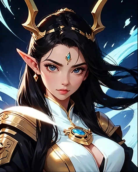 close-up of a man in a suit with horns, she has elven ears and golden eyes,black hair , anime goddess, an Elven Queen,  Goddess ...