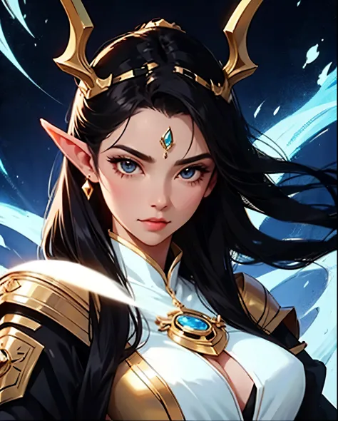 close-up of a man in a suit with horns, she has elven ears and golden eyes,black hair , anime goddess, an elven queen,  goddess ...