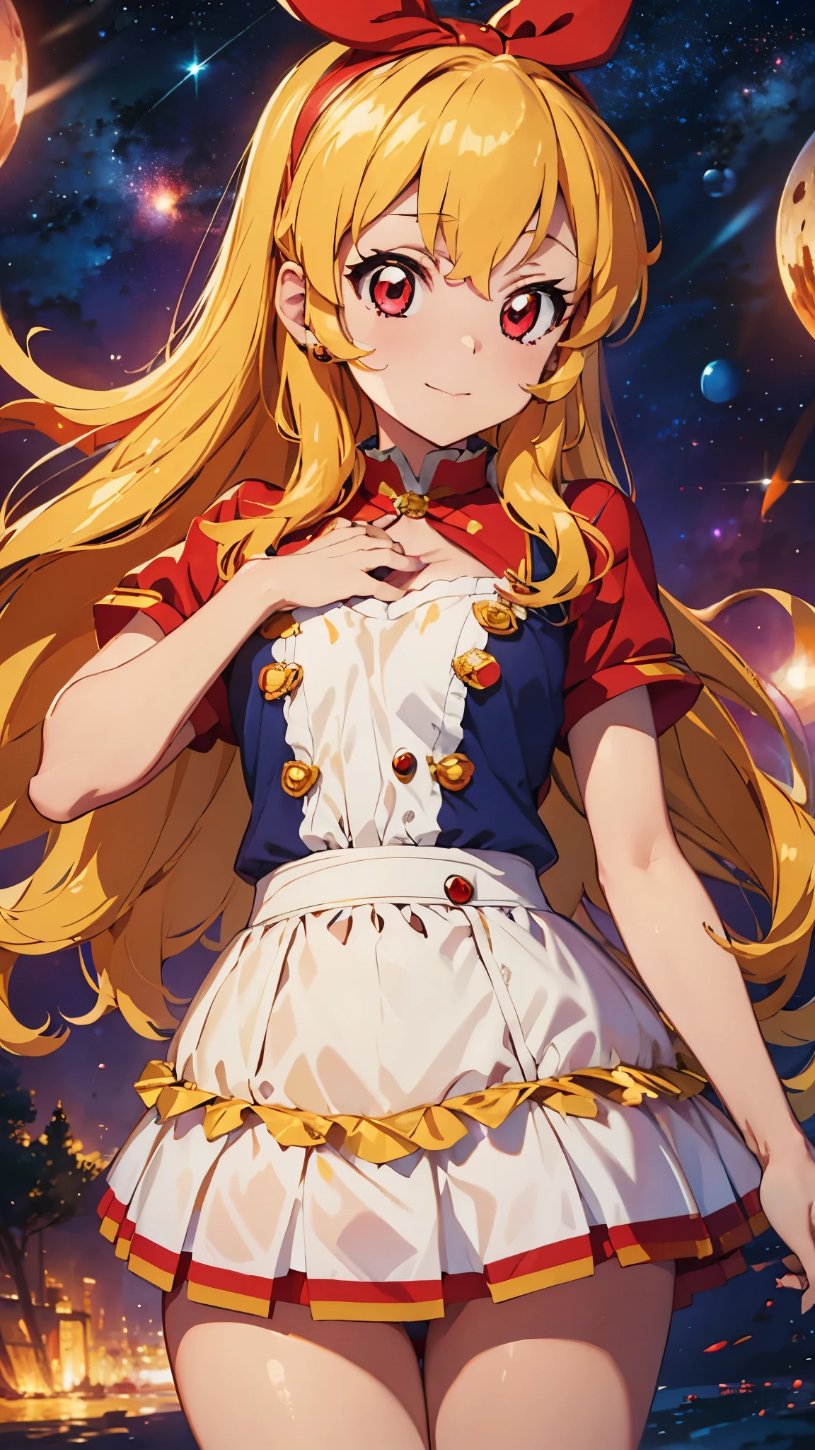 best quality, ultra detailed 8k, masterpiece, high resolution, extremely detailed,
voluptuous beauty mecha girl,
Small breasts,
, blonde hair, RED eyes,
gold White mix color mecha armor,
RED hair bund,
universe,outer space,
Venus planet,
bubble image,
persona face,Ichigo Hoshimiya (Aikatsu!)