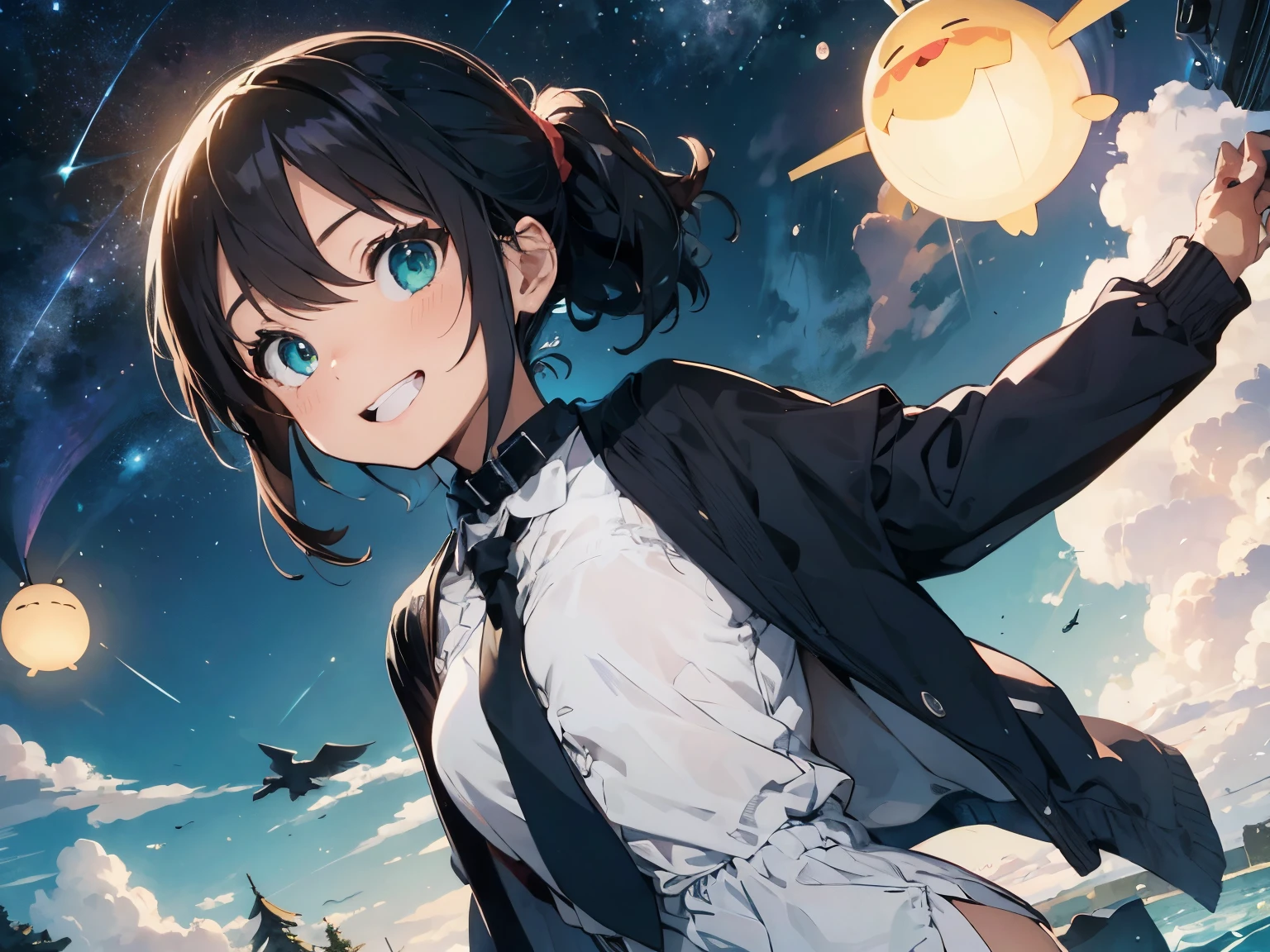 masterpiece, highest quality, highest quality, 1 girl, alone, looking at the viewer, , starry sky, (armless amputee:1.2), brown hair, collar, Nipple exposure, (double amputee:1.2), green eyes, katawa shoujo, red tie, naked, short hair, alone, perfect bare skin,  Loshkin, grin and laugh, Precise teeth with gaps 