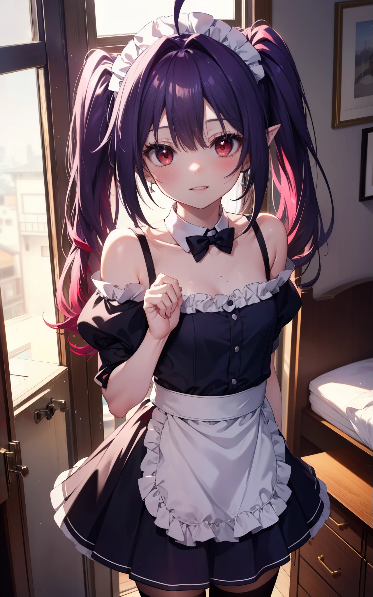 yuukikonno, Yuki Konno, hair band, long hair, pointed ears, purple hair, (red eyes:1.5), (small breasts:1.2),Ahoge,tilt one&#39;s face, twin tails,open your mouth,smile,blush,she was wearing a maid skirt, black stockings on her legs, put both arms behind one&#39;s back,slouch,peek from above,bare shoulders,cute standing,
break looking at viewer, Upper body, whole body,
break indoors, Bedroom,
break (masterpiece:1.2), highest quality, High resolution, unity 8k wallpaper, (figure:0.8), (detailed and beautiful eyes:1.6), highly detailed face, perfect lighting, Very detailed CG, (perfect hands, perfect anatomy),