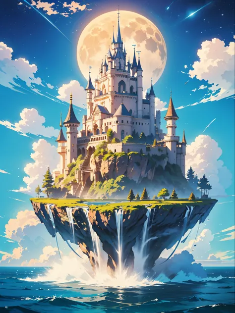 A beautiful floating island, waterfalls:1.4, water disappearing into the sky, daytime, stars clouds, moon, fantasy architecture 