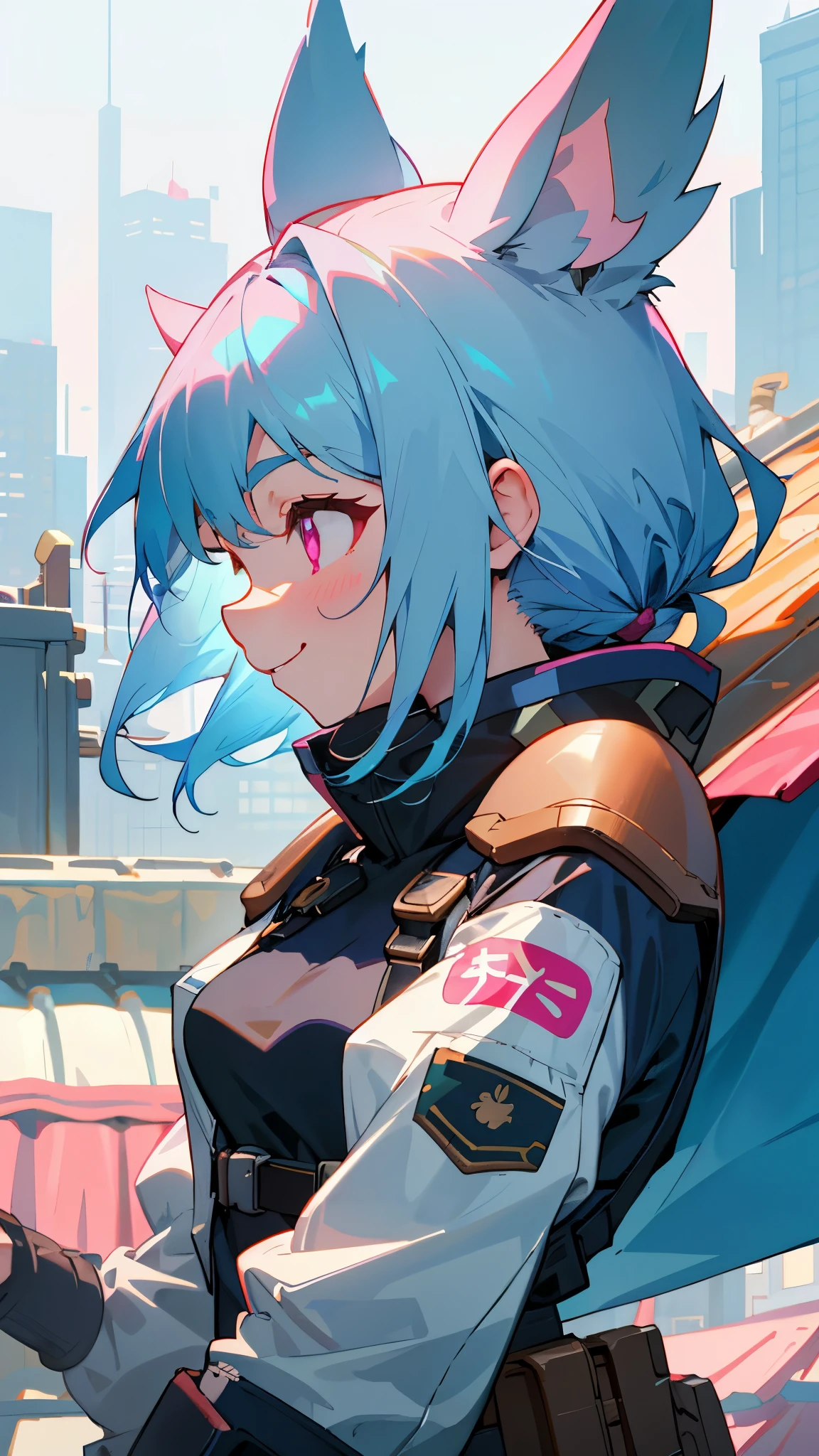 16 year old girl、wrap yourself in a battle jacket、casual style、small breasts、light blue hair、dog ears、pink eyes、profile、lots of acorns、smile、upper body close-up、Rooftop of urban building area