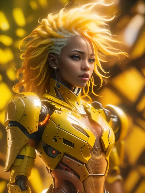 photorealistic of beautiful african female wearing a yellow robotic armour, yellow hair with overflowing yellow aura, dynamic po...