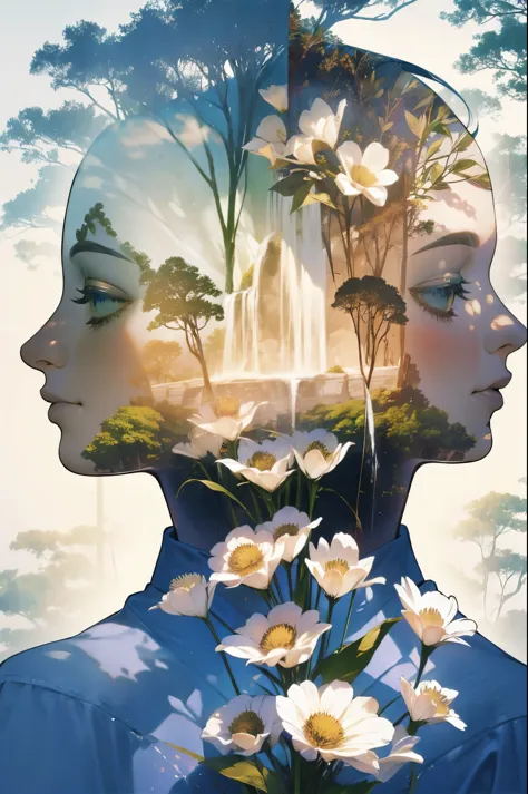 photohraphy, highres, absurdres, (waterfall:1.2), double exposure, detailed nature and war, flower, double exposure