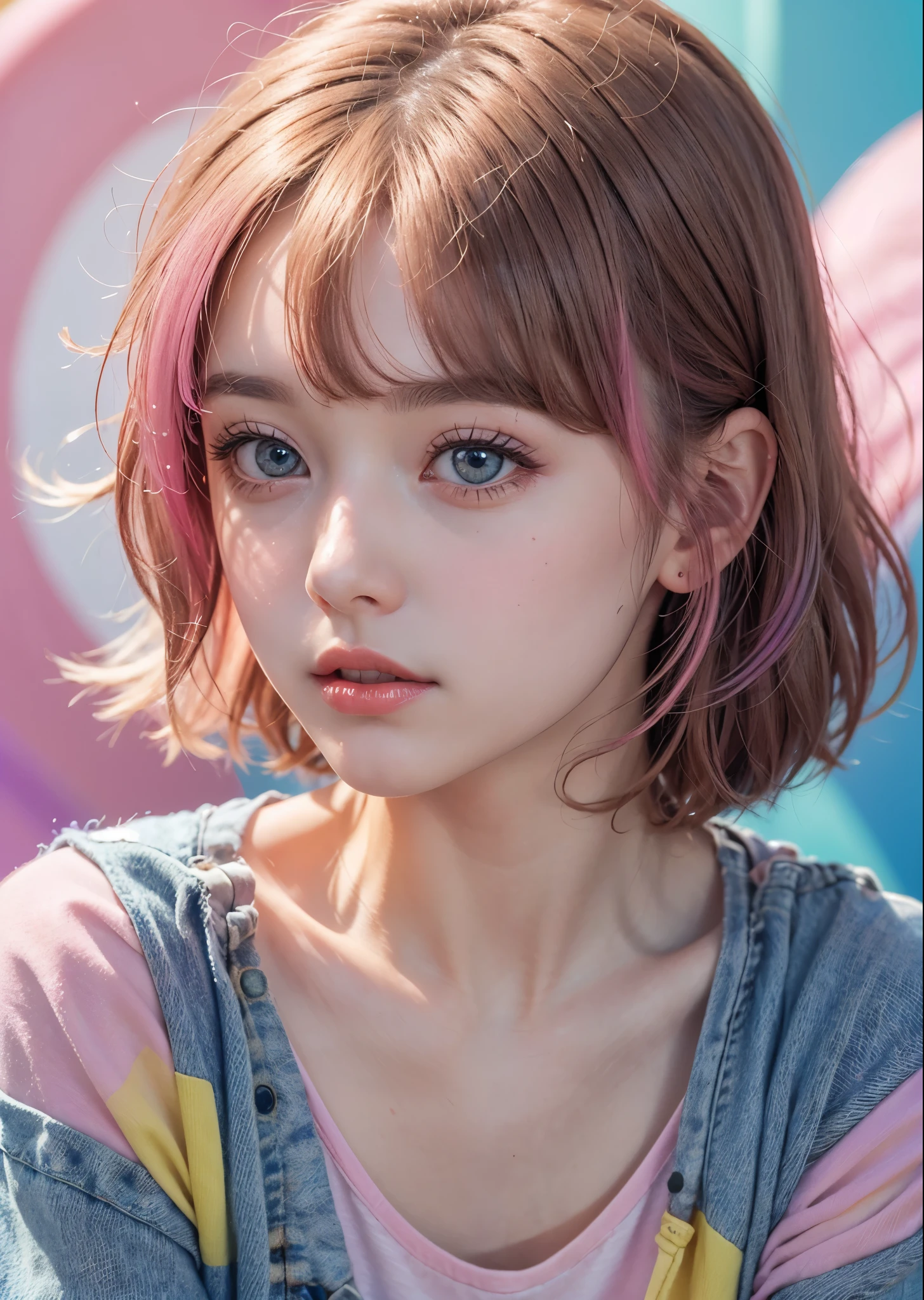 Psychedelic world、Wearing a patchwork casual shirt、Cute 1 girl、14 year old girl、big eyes、close-up photo of face、pink hair、（colorful gel background、fractal background）、perfect lighting、sharp focus、High definition、high resolution、High color rendering、High resolution、Super realistic、photo realistic 