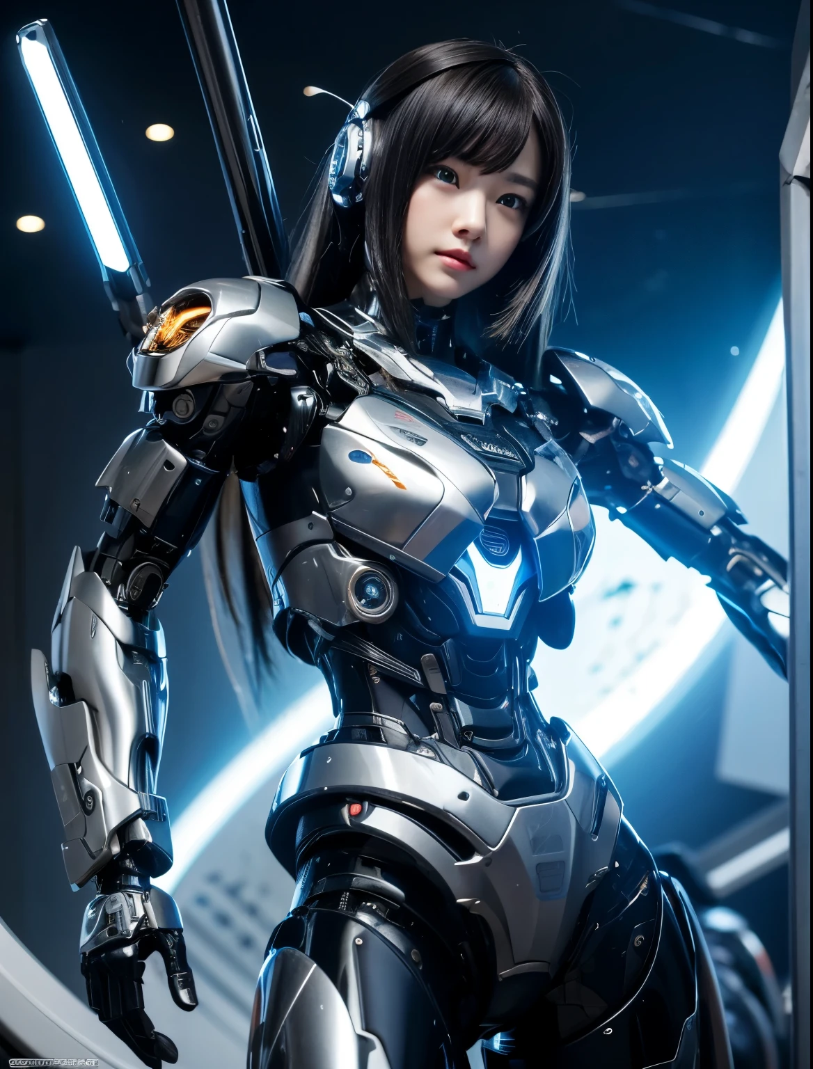Super detailed, advanced details, high quality, 最high quality, High resolution, 1080P, hard disk, beautiful,(cyborg),beautifulcyborgwoman,Mecha Cyborg Girl,battle mode,Mecha body girl,She is wearing a combat cyborg mech equipped with weapons