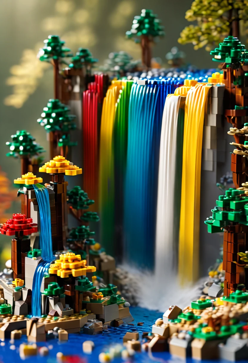 colorful miniatura waterfall from a lego. detalhado, traçado de raio , miniatura, há um texto dizendo "cachoeira"