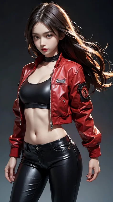 (best quality,4k,high resolution), cool girl、((Long straight hair with red highlights on black hair、red jacket，Beautifully decor...