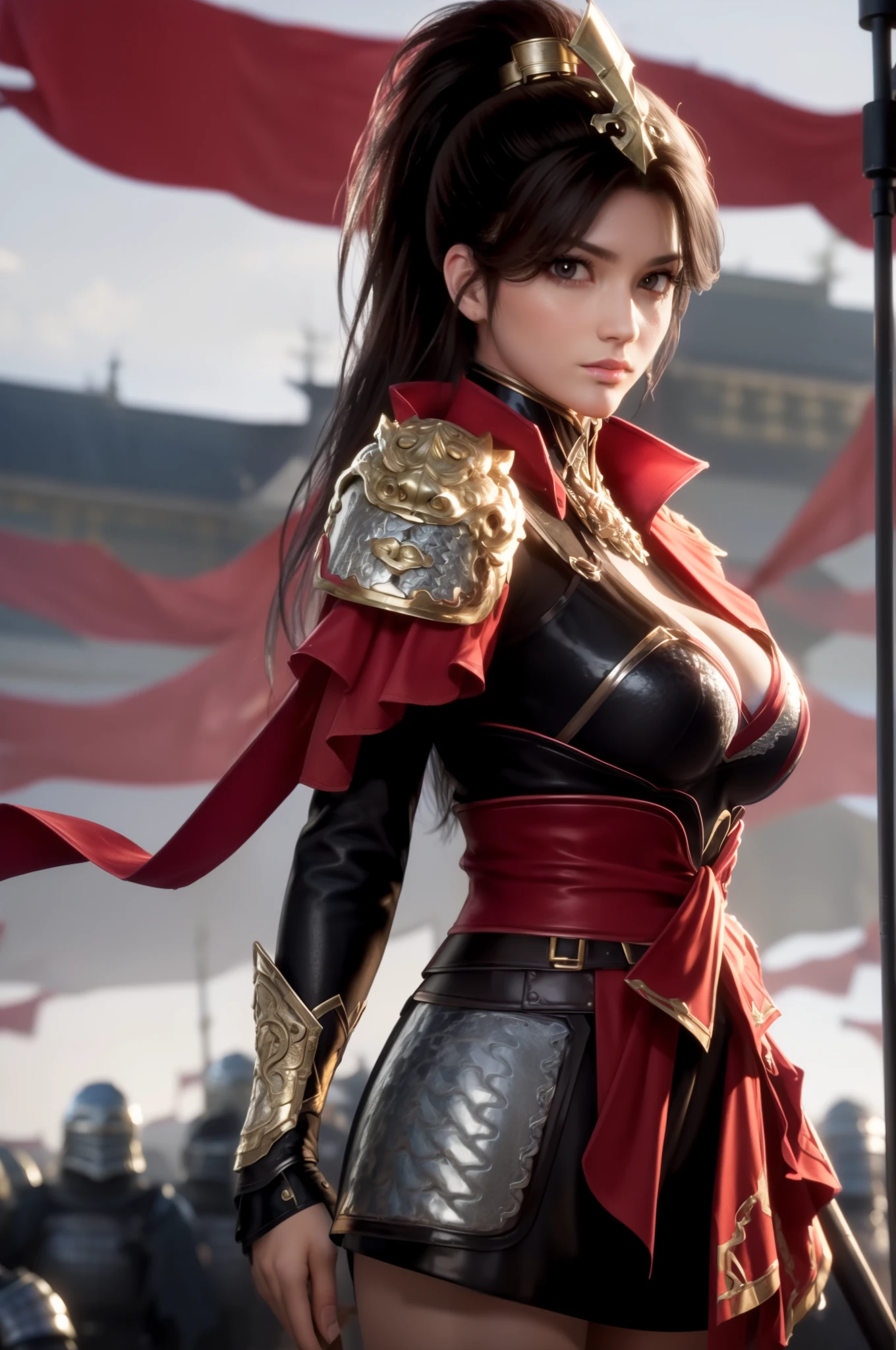 standing in front of a group of people in armor standing in a field with flags in the background,a line of Red flags and a building,
Red outfit,Shoulder_armor,armor,armoRed dress, armoRed boots,Red_cape,High_collar,She has a helmet on her head,
Keep_arms,spear,actual, tHighHighs,,
Bangs,Black_hair,Brown_Eye,long_hair,turtleneck sweater,
1 girl, 20 years,adult,beautiful Finger,beautiful long legs,beautiful body,beautiful Nose,beautiful character design, perfect Eye, perfect Face,
looking at the audience, 
NSFW,official art,Extremely detailed CG unified 8k wallpaper, perfect lighting,rich and colorful, bright_front_Face_light,
(masterpiece:1.0),(the best_quality:1.0), ultra High res,4k,Super detailed,
photography, 8k, high dynamic range, Highres, Ridiculous:1.2, Kodak Portrait 400, film grain, blurred background, Bokeh:1.2, lens flare, (Energetic_color:1.2)
(beautiful,big deal_breast:1.4), (beautiful_Face:1.5),(narrow_waist),