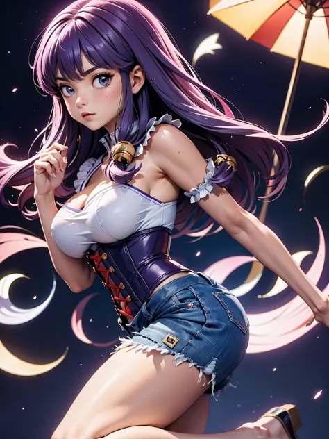 garota anime cabelo purple com short jeans e corset rosa brilhante, 16 anos, corpo bonito, seios grandes, com as hands on chest,...