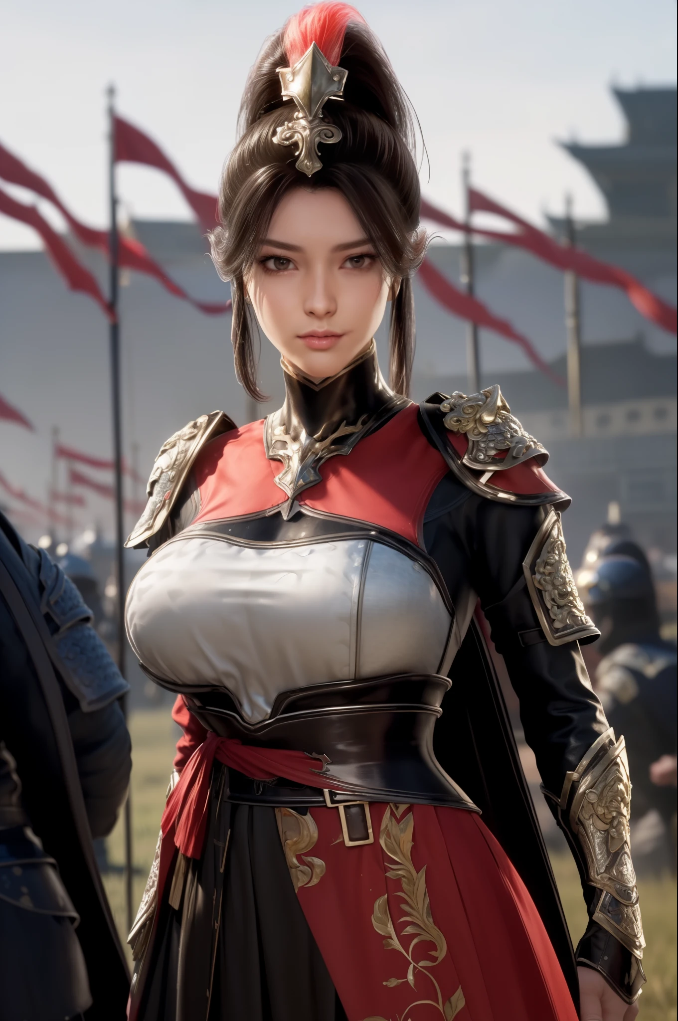 standing in front of a group of people in armor standing in a field with flags in the background,a line of Red flags and a building,
Red outfit,Shoulder_armor,armor,armoRed dress, armoRed boots,Red_cape,High_collar,She has a helmet on her head,
Keep_arms,spear,actual, tHighHighs,,
Bangs,Black_hair,Brown_Eye,long_hair,turtleneck sweater,
1 girl, 20 years,adult,beautiful Finger,beautiful long legs,beautiful body,beautiful Nose,beautiful character design, perfect Eye, perfect Face,
looking at the audience, 
NSFW,official art,Extremely detailed CG unified 8k wallpaper, perfect lighting,rich and colorful, bright_front_Face_light,
(masterpiece:1.0),(the best_quality:1.0), ultra High res,4k,Super detailed,
photography, 8k, high dynamic range, Highres, Ridiculous:1.2, Kodak Portrait 400, film grain, blurred background, Bokeh:1.2, lens flare, (Energetic_color:1.2)
(beautiful,big deal_breast:1.4), (beautiful_Face:1.5),(narrow_waist),