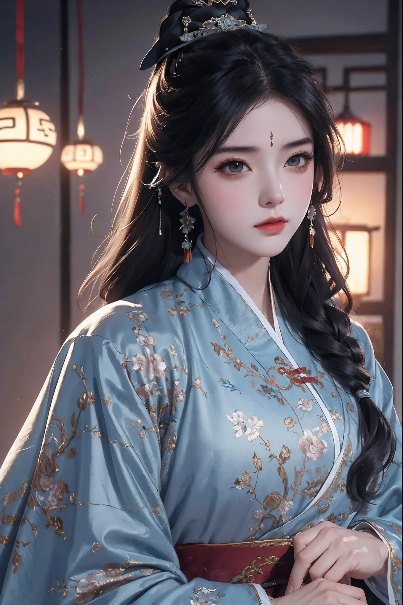 (extremely detailed 8K wallpaper),(ultra-detailed),(best quality),(masterpiece),(highly detailed),(cinematic lighting),(Original),Cold ligh，moody,(Chinese elaborate-style painting ),32K depth of field,1girl,solo