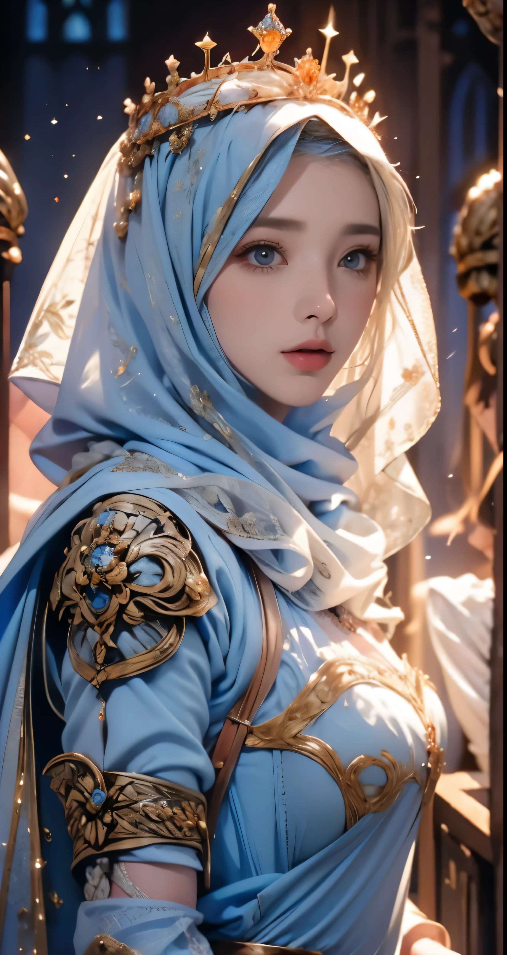 Erect nipples, wearing a hijab , luxury hijab,crown luxury , blue eye, blond hair, around 17 years old, (gold ), tmasterpiece，Best quality at best，A high resolution，8K，((Portrait))，(upper body)，Original photo，real photograph，digital photography，(Female princess in the medieval fantasy style), sexy princess ，blue eye， super colossal breast, round colossal breast ，open kissing lips，Keep your mouth shuegant and charming，((Blushing))，virgin contempt，Calm and handsome，(Medieval fantasy dress，The Beautiful super huge round breast, small waist, perfect colossal breast of princess body, a blue delicate pattern，silver Cloak)，(princes medieval character medieval fantasy style，oc render reflection texture, fighting style,  sexy colossal breast , medieval castle background, slim body, very small waist, 