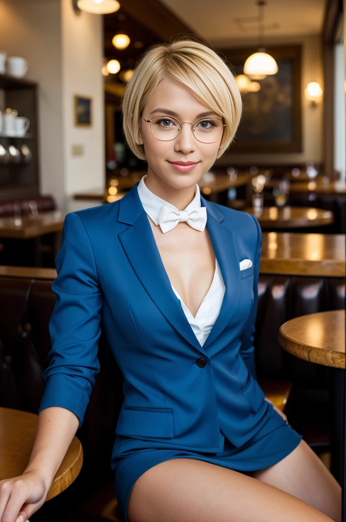 Menina europeia de 25 anos, (cabelo loiro com corte pixie), ((Retrato)), pele pálida, corpo atlético, dimples, corte bob, (sorriso), Olhando para o visualizador, copos, fitas, gravata borboleta,  highly detalhado fitted suit, blazer, camisa de botão, mostrando decote, saia de cintura alta, sentado, dentro de casa, colarinho, (corpo todo: 1.6), (cores frias), (proporção perfeita), ((detalhado face:1.2)), ((detalhado facial features)), (finely detalhado skin ), (no café:1.5), (foto realista), (melhor qualidade), (detalhado), fotografado com uma Canon EOS R5, Lente de 50 mm, F/2.8, HDR, (8K), (papel de parede), (iluminação cinematográfica), (iluminação dramática), (foco nitído), ( Intrincado), de cima