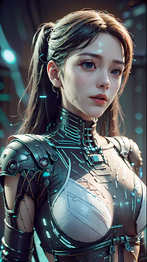 ((Best quality)), ((masterpiece)), (detailed:1.4), 3D, a beautiful cyberpunk female figure with thick hair, indoors, looking at ...