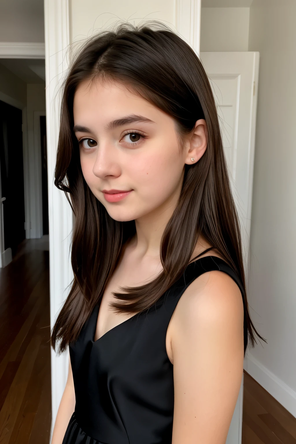 A girl with brown hair in black red dress dark brown eyes pale skin color 