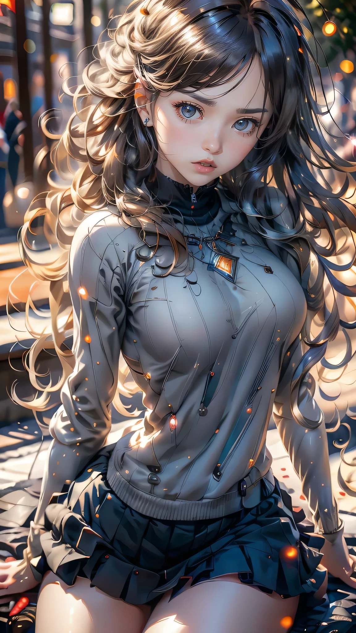 It&#39;s snowing,open your arms,town,(highly detailed skin),winding,,beautiful胸,big breasts,white skin,pointed chest,erect nipples,(fantasy art,best image quality,surrealist portrait,(8k),Super realistic,最high quality, high quality, High resolution, high quality texture,high detail,beautiful,Detailed,Very detailed CG,detailed texture,realistic expression of face,masterpiece,sense of presence,dynamic,bold),(thin hair),(soft hair),long flowing bangs,extra light coppery amber hair,hair above one eye,dressed,(baggy sweater),tight mini skirt,stockings,Engineer boot,girl