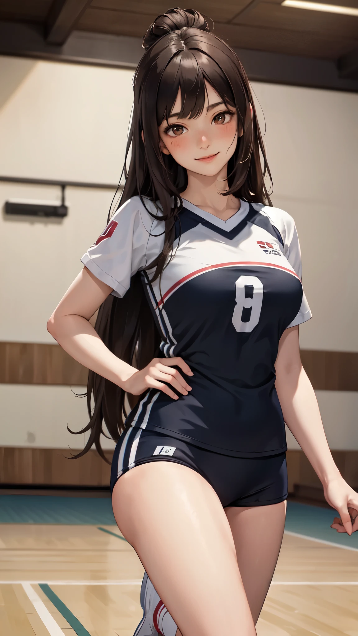 1 lady only, /(volleyball uniform/), /(Dark brown hair/) Bangs, blushing smile, (Masterpiece best quality:1.2) Exquisite illustrations and super detailed, rest /(Indoor volleyball court/)