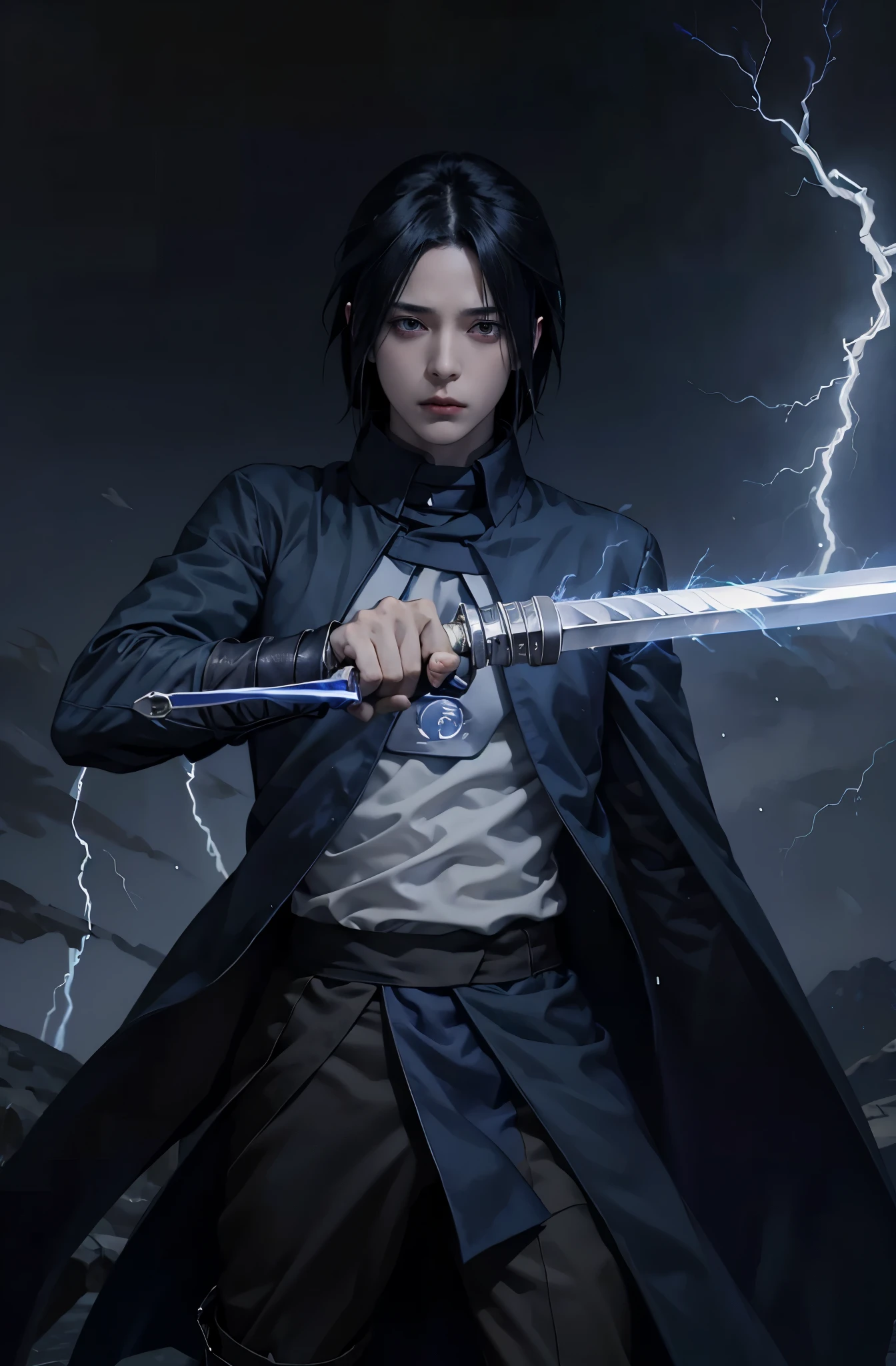 1 homem, Sasuke Uchiha segurando uma espada para o espectador, corpo todo, relâmpago azul VFX in the sword, relâmpago azul , glowing relâmpago azul sword, casaco preto