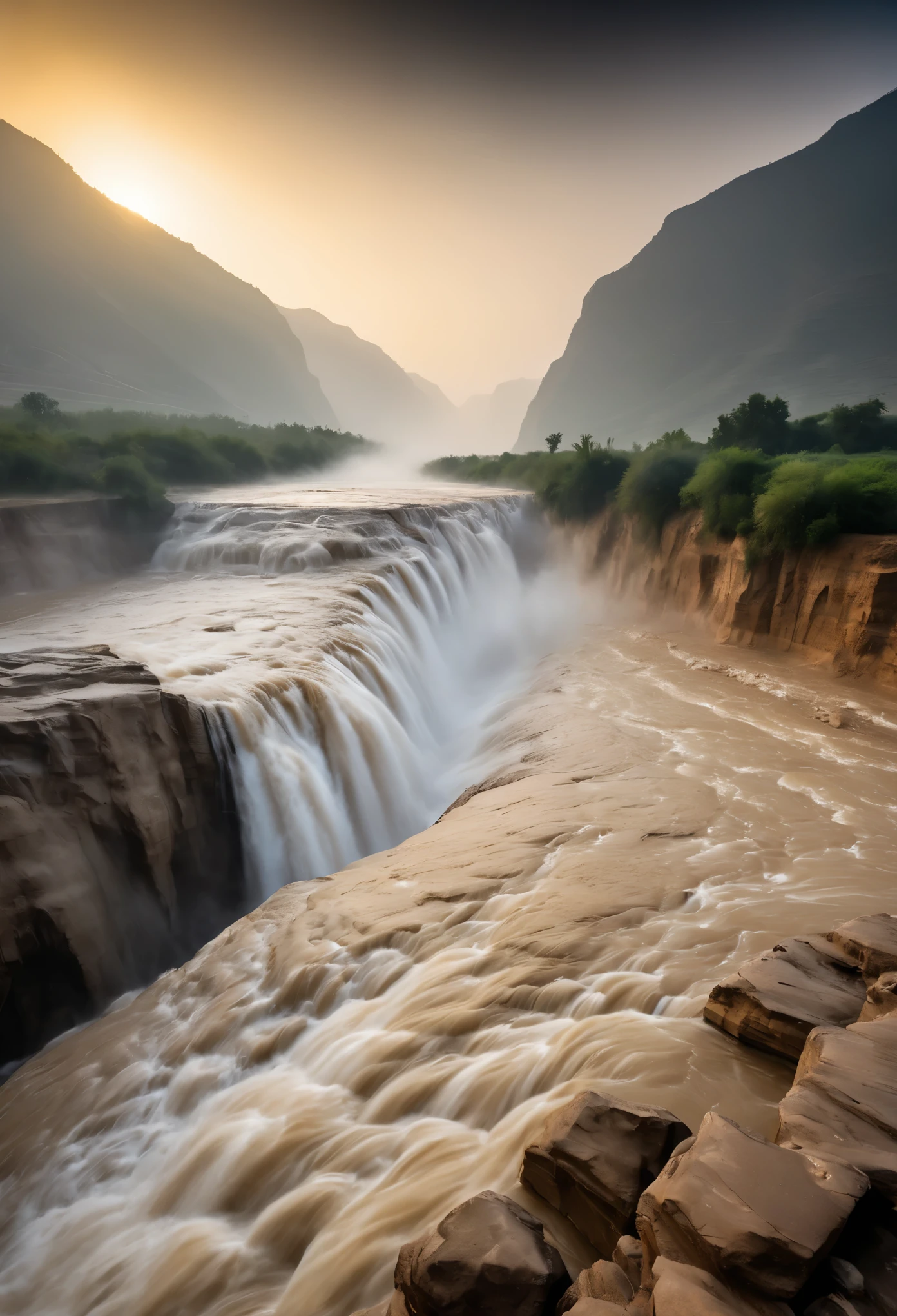 Hukou Waterfall landscape，Smoke rises from the bottom of the water，mud color，Take care of the place where the Yellow River enters the &quot;Hukou&quot;，Rapid turbulence，Aroused water mist，soar into the sky，Steaming clouds reaching the sky，Like billowing smoke rising from the bottom of the water，Ten miles away，towering rocks，The ancient knight stood on the rock and looked up at the waterfall，night，，sunset，actual photography，Epic graphics，super high quality，beautiful details，