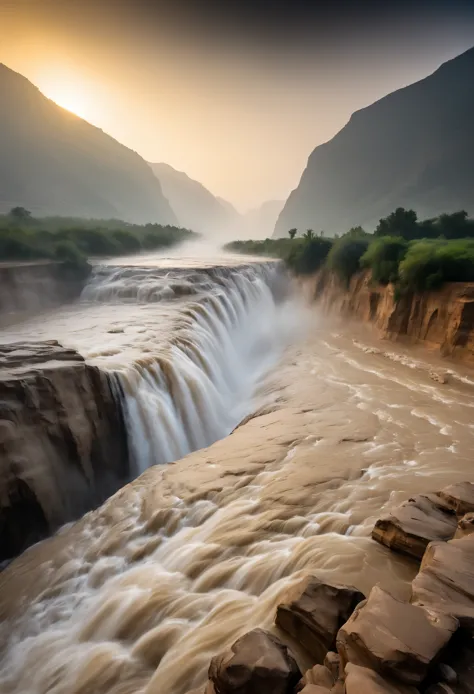 Hukou Waterfall landscape，Smoke rises from the bottom of the water，mud color，Take care of the place where the Yellow River enter...