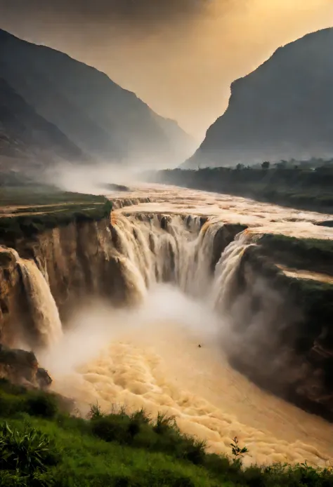 Hukou Waterfall landscape，Smoke rises from the bottom of the water，mud color，Take care of the place where the Yellow River enter...