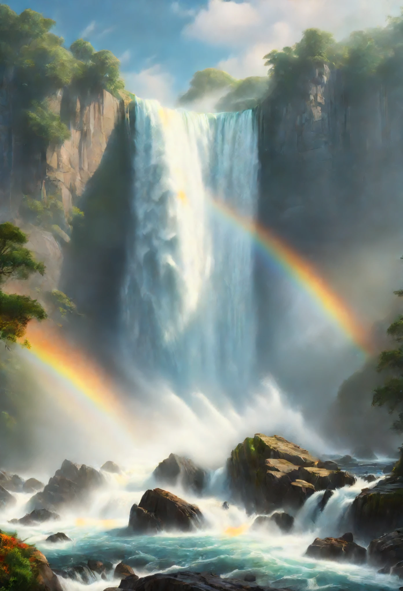 "(mejor calidad, 4k, 8K, alta resolución, obra maestra:1.2), ultra detallado, (Realista, photoRealista, photo-Realista:1.37), cascada monumental, pintura al óleo, dramático, poderoso, rugido, en cascada, atronador, montañas colapsando, mares derramandose, impresionante, dinámica, arcoiris relucientes, neblina, rocío de gotas de agua, rocas y cantos rodados, Vegetación exhuberante, hdr, iluminación de estudio, Colores vibrantes, Tonos cálidos y fríos, interacción entre luces y sombras."