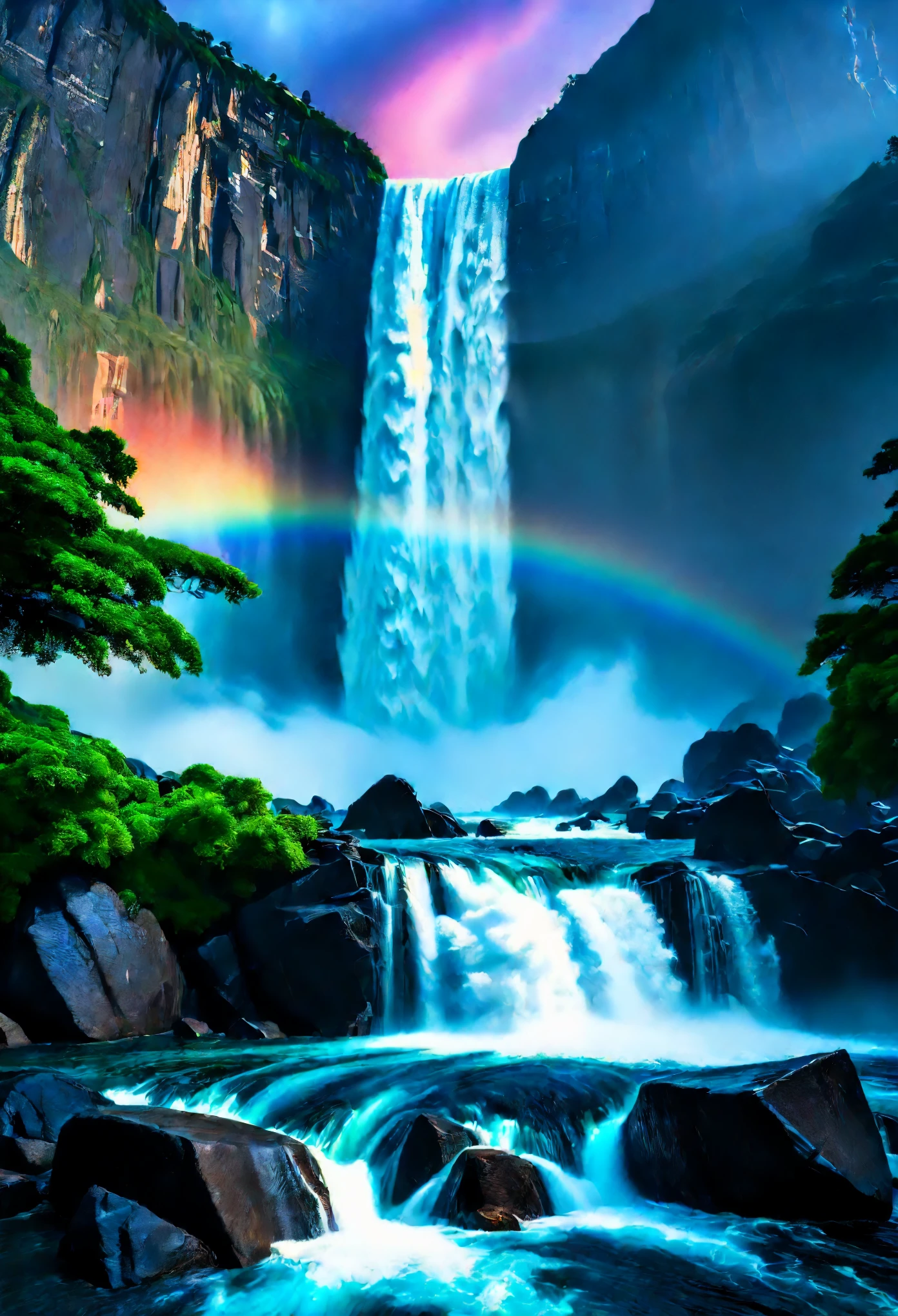 Sehr einheitliches CG-Design，Malerei，"(beste Qualität, 4k, 8k, highres, Meisterwerk:1.2), ultra-detailliert, (realistisch, photorealistisch, photo-realistisch:1.37), monumentaler Wasserfall, oil Malerei, dramatisch, leistungsstark, brüllend, kaskadierend, Donnernd, Berge brechen zusammen, Meere strömen aus, ehrfurchtgebietend, Dynamisch, schimmernde Regenbögen, mist, Sprühnebel aus Wassertropfen, Felsen und Felsbrocken, üppige Vegetation, HDR, Studiobeleuchtung, leuchtende Farben, warme und kühle Töne, Wechselspiel zwischen Licht und Schatten."