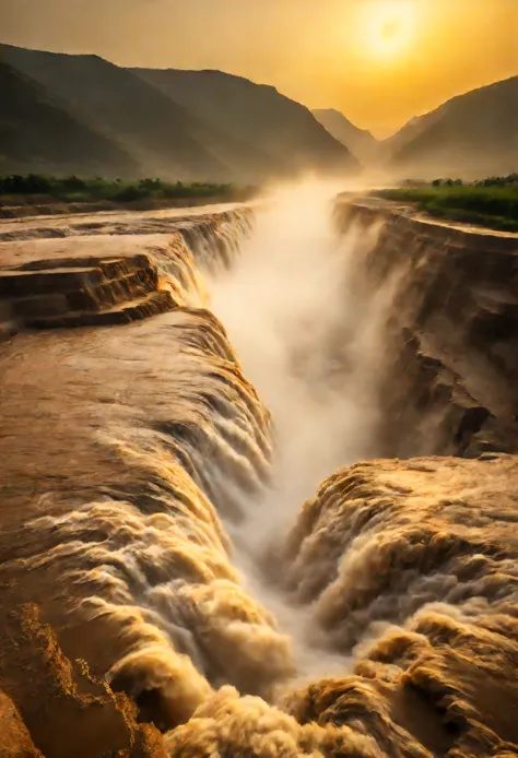 Hukou Waterfall landscape，Smoke rises from the bottom of the water，mud color，Take care of the place where the Yellow River enter...