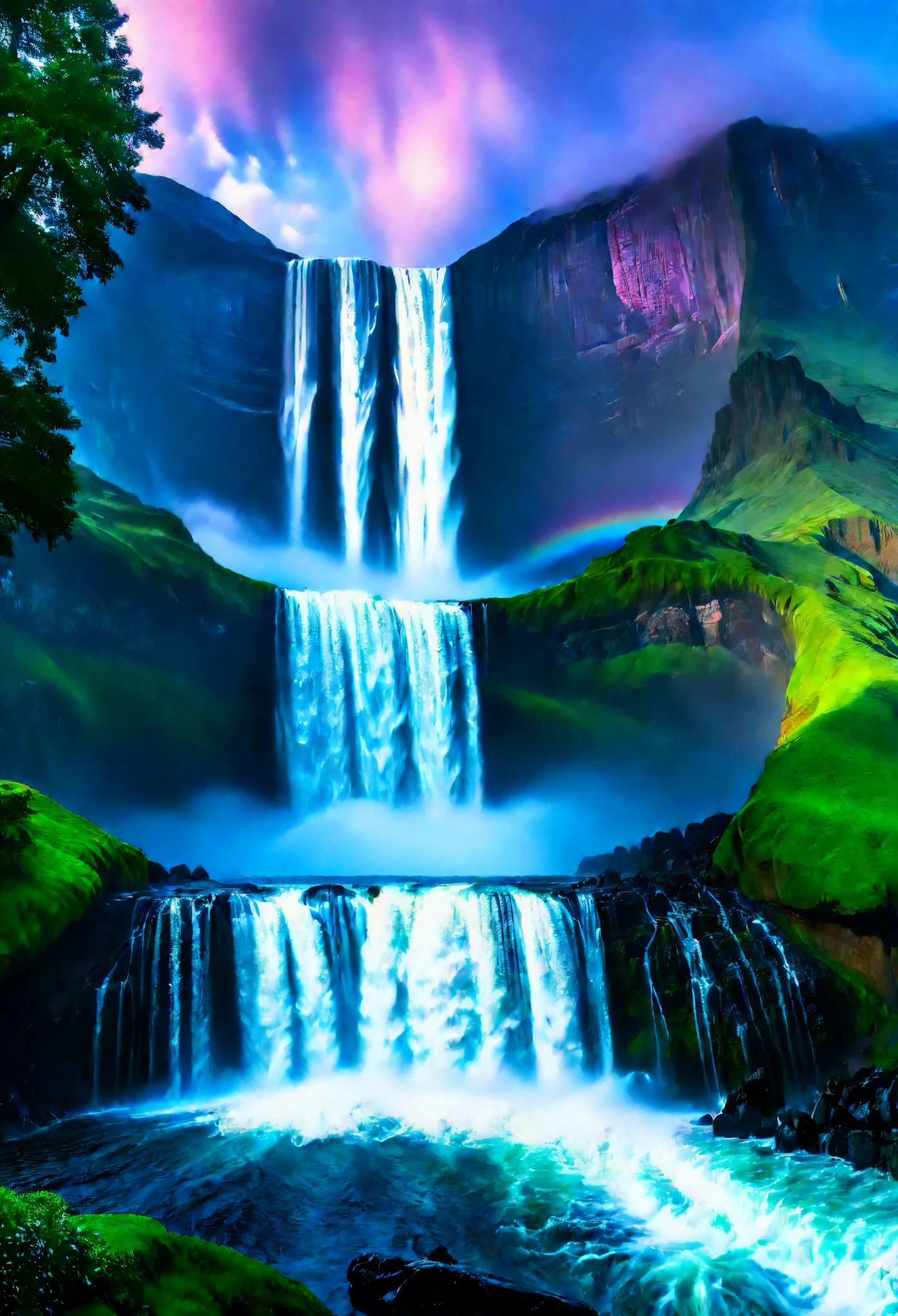 "(best quality, 4k, 8k, highres, masterpiece:1.2), ultra-detailed, (realistic, photorealistic, photo-realistic:1.37), monumental waterfall, oil painting, dramatic, powerful, roaring, cascading, thunderous, mountains collapsing, seas pouring out, awe-inspiring, dynamic, shimmering rainbows, mist, spray of water droplets, rocks and boulders, lush vegetation, HDR, studio lighting, vibrant colors, warm and cool tones, interplay between light and shadow."