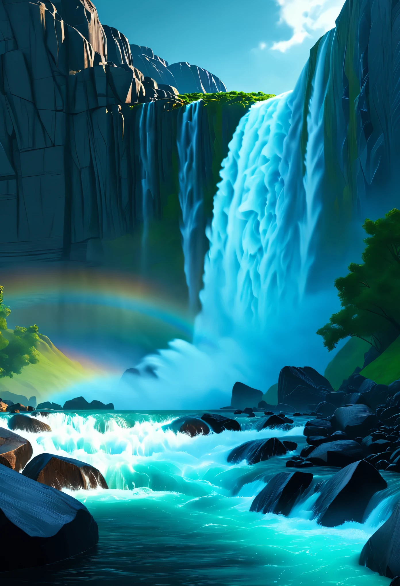 "(best quality, 4k, 8k, highres, masterpiece:1.2), ultra-detailed, (realistic, photorealistic, photo-realistic:1.37), monumental waterfall, oil painting, dramatic, powerful, roaring, cascading, thunderous, mountains collapsing, seas pouring out, awe-inspiring, dynamic, shimmering rainbows, mist, spray of water droplets, rocks and boulders, lush vegetation, HDR, studio lighting, vibrant colors, warm and cool tones, interplay between light and shadow."