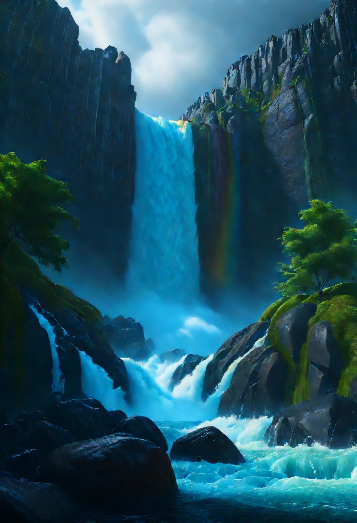 "(beste Qualität, 4k, 8k, highres, Meisterwerk:1.2), ultra-detailliert, (realistisch, photorealistisch, photo-realistisch:1.37), monumentaler Wasserfall, Ölgemälde, dramatisch, leistungsstark, brüllend, kaskadierend, Donnernd, Berge brechen zusammen, Meere strömen aus, ehrfurchtgebietend, Dynamisch, schimmernde Regenbögen, mist, Sprühnebel aus Wassertropfen, Felsen und Felsbrocken, üppige Vegetation, HDR, Studiobeleuchtung, leuchtende Farben, warme und kühle Töne, Wechselspiel zwischen Licht und Schatten."