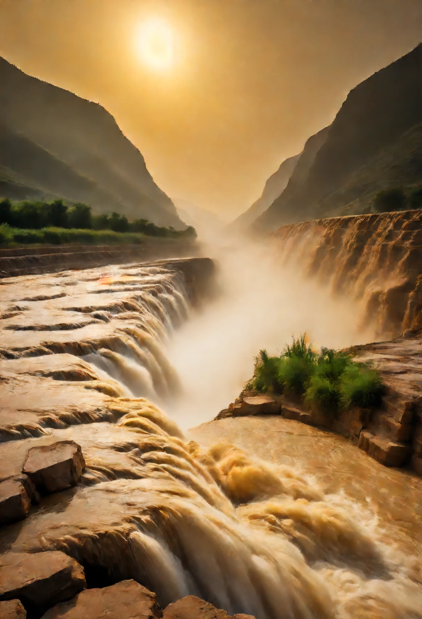 Paisaje de la cascada Hukou，Humo desde el fondo del agua，color barro，Cuide el lugar donde el río Amarillo ingresa al &citar;Hukou&citar;，Turbulencia rápida，Niebla de agua despertada，Vuela hacia el cielo，Nubes humeantes alcanzando el cielo，Como una nube de humo que se eleva desde el fondo del agua.，Diez millas de distancia。atardecer，fotografía real，Gráficos épicos，calidad súper alta，Hermosos detalles，