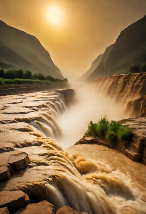 Hukou Waterfall landscape，Smoke from the bottom of the water，mud color，Take care of the place where the Yellow River enters the ...