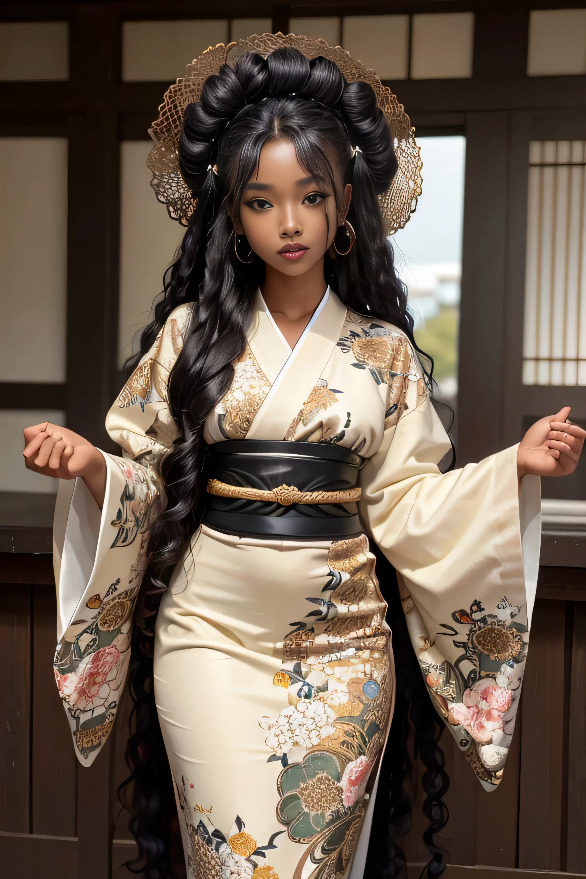 masterpiece, best quality, beautiful African and Asian mixed 19 year old, ebony skin female, long, frizzy, curly dark hair, perfect face, long hair, melanin, curly hair, wearing kimono_clothes