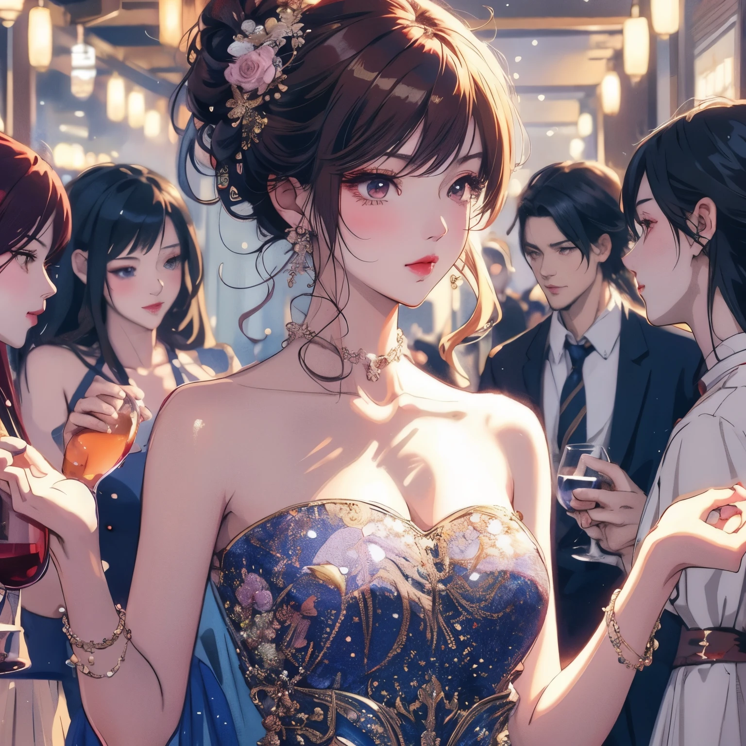 anime girl in a sequinous dress holding a glass of wine, smooth anime cg art, detailed digital anime art, artwork in the style of guweiz, guweiz, digital anime illustration, trending on cgstation, beautiful anime art style, digital anime art, beautiful anime girl, beautiful anime woman, cute anime waifu in a nice dress