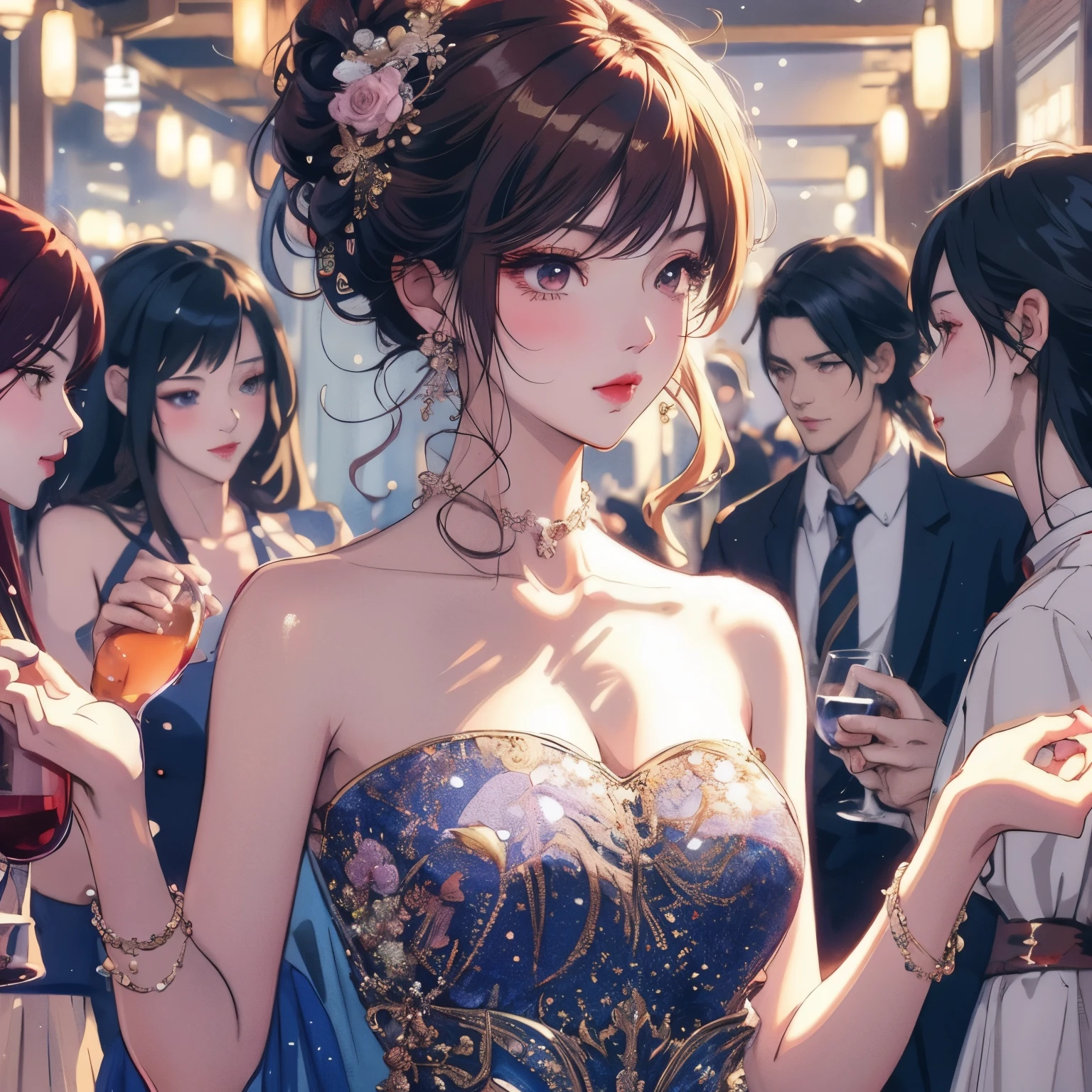 Anime-Mädchen in einem Paillettenkleid, das ein Glas Wein hält, Sanfte Anime-CG-Kunst, detailed digitale Anime-Kunst, artwork in the style of guweiz, guweiz, Digitale Anime-Illustration, Trends auf cgstation, wunderschöner Anime-Kunststil, digitale Anime-Kunst, schönes Anime-Mädchen, schöne Anime-Frau, süße Anime-Waifu in einem schönen Kleid