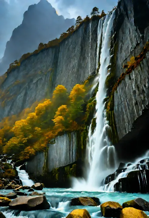 The mountains are flying and the sea is standing&quot;，It describes the majestic power of the waterfall.，Rolling yellow water fa...