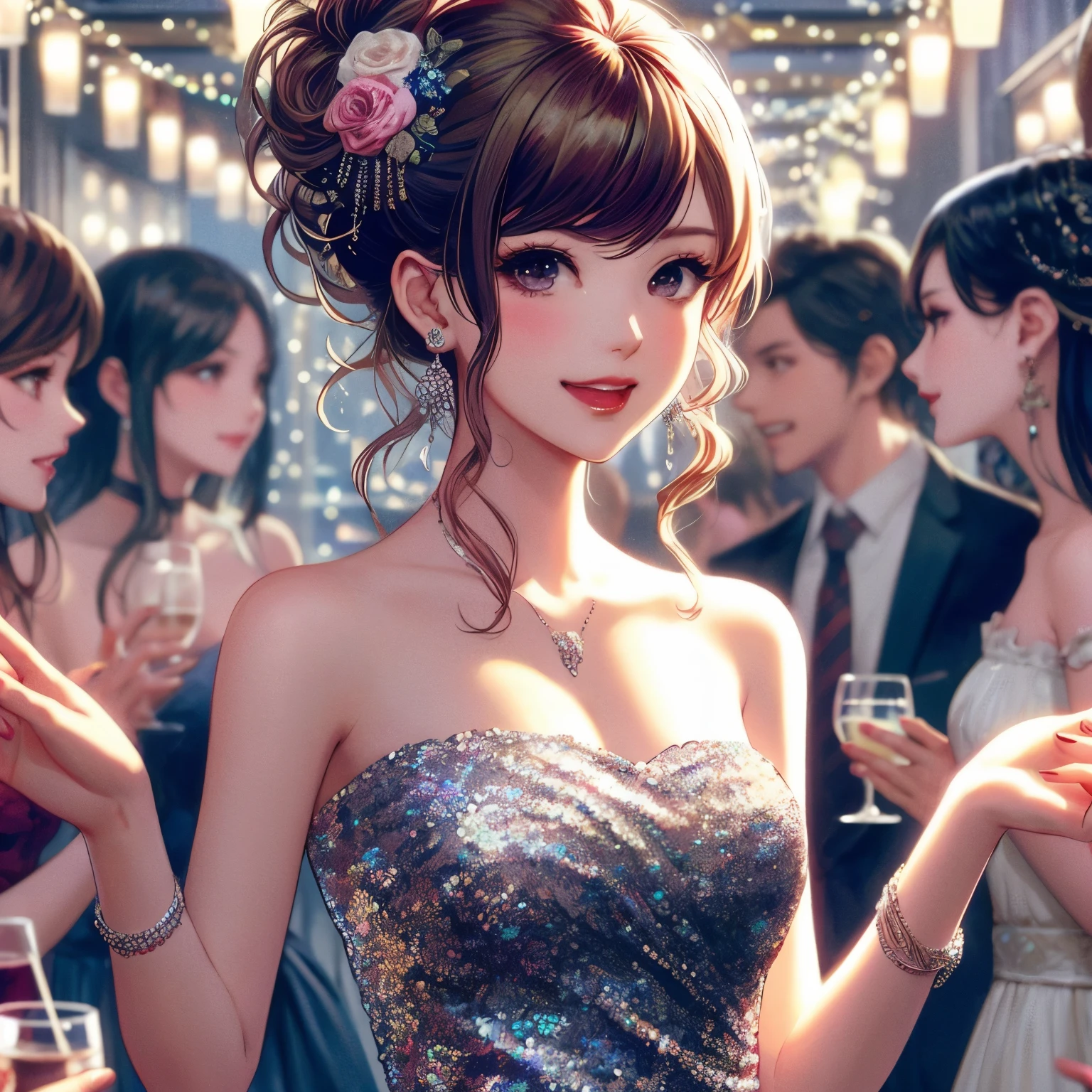 anime girl in a sequinous dress holding a glass of wine, smooth anime cg art, detailed digital anime art, artwork in the style of guweiz, guweiz, digital anime illustration, trending on cgstation, beautiful anime art style, digital anime art, beautiful anime girl, beautiful anime woman, cute anime waifu in a nice dress