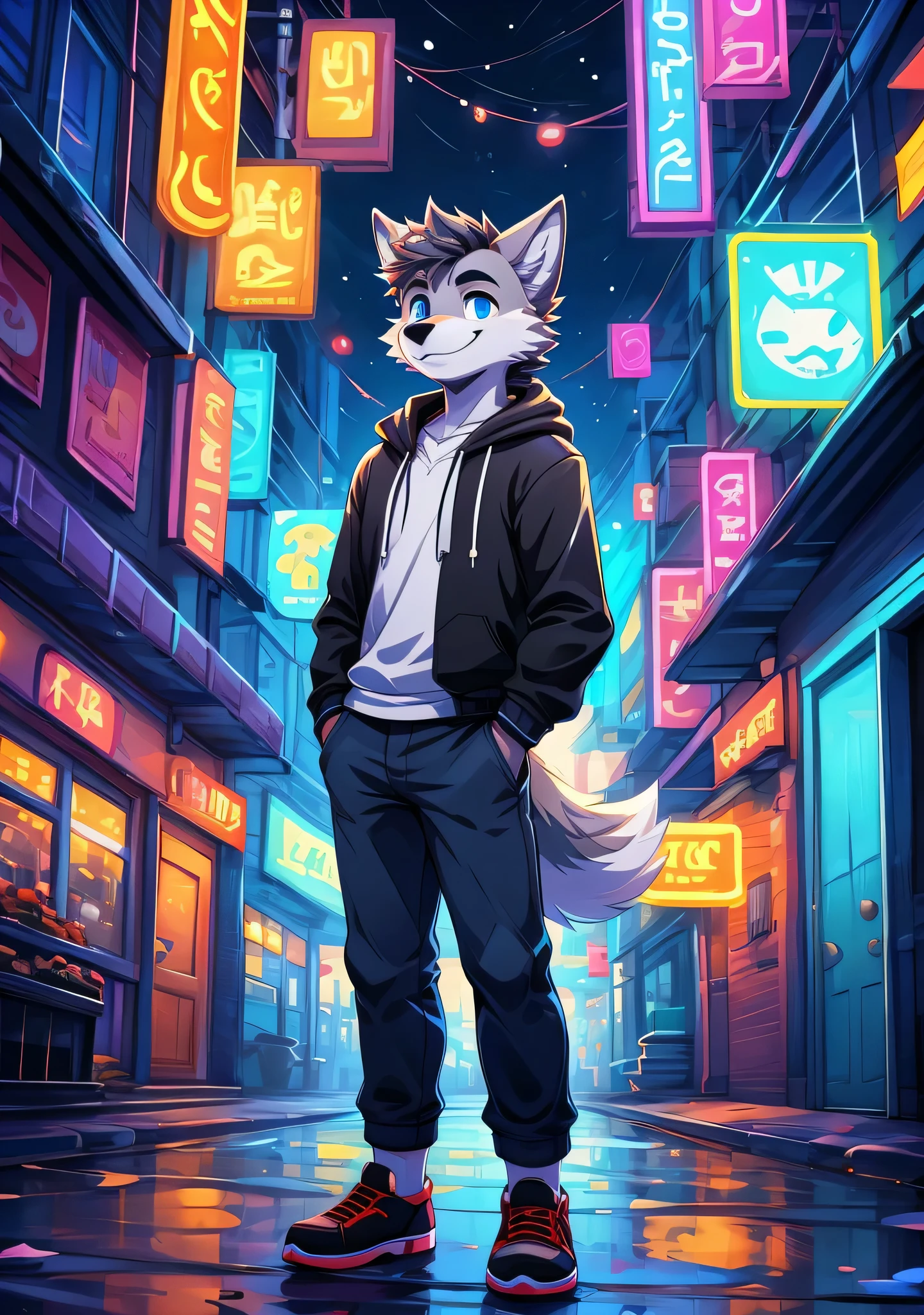 panoramic, Character Focus Solo, whole body, Bright Eyes, big tail, grey, young male wolf, casual wear, Temporal, smiling face, blue eyes, teenager, Lovely, One meter seven, Handsome, young style, night, neon city street, masterpiece, Very detailed,
