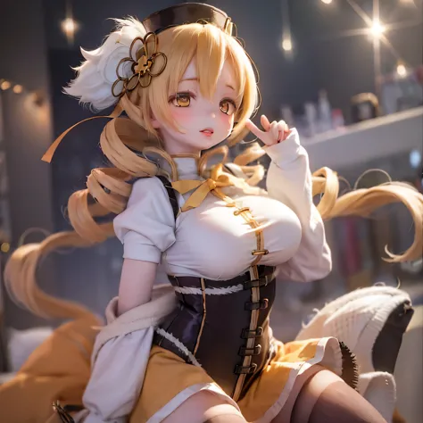 (best quality,ultra-detailed,masterpiece:1.2),expressive eyes,perfect face,beautiful Mami Tomoe,sofisticated pose,long pink hair,golden eyes,soft pink lips,detailed magical girl costume,dark background,glowing ,anime style,soft lighting,vibrant colors,myst...