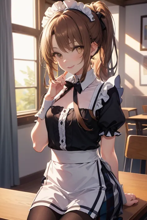 irohaisshiki, iroha isshiki, long hair, brown hair, (brown eyes:1.5), ponytail,blush,smile,maid clothes,bare chest,medium chest,...