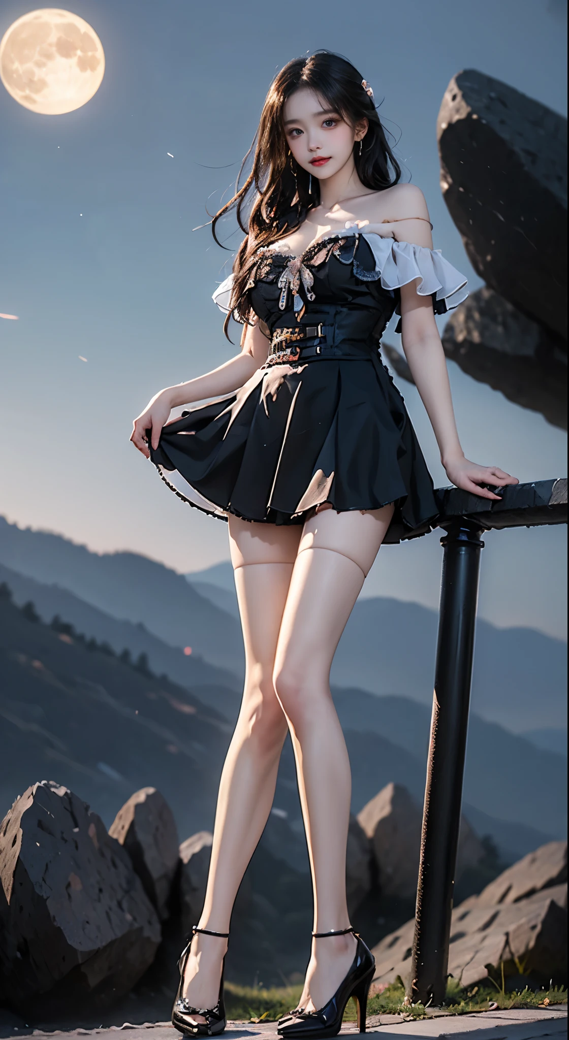 jirai kei attire, jirai kei, black thighhighs, high heels, ((bare shoulders)), ((whole body)), actual, fashion girl, red lips, mature women, cosmetics, big eyes, beautiful eyes, ((whole body)), ((from below)), (best quality, masterpiece:1.2), Super detailed, (actual:1.37), ((Sexy long legs)), beautiful, young and energetic, Charming model with, big breasts, cleavage, (delicate eyes, Detailed lips, extremely delicate eyes), show a bright smile, Create stunning girl images, Warm colors, Extremely high color saturation, official art, Extremely detailed CG unified 8k wallpaper,(high dynamic range :1.4), (cinematic),(pastel colors, dull color, soothing tone :1.3), (natural skin texture, ultra-actual, soft light, sharp),(Very detailed), night, moonlight, ((in the mountains, plant, Leaning against the rocks))