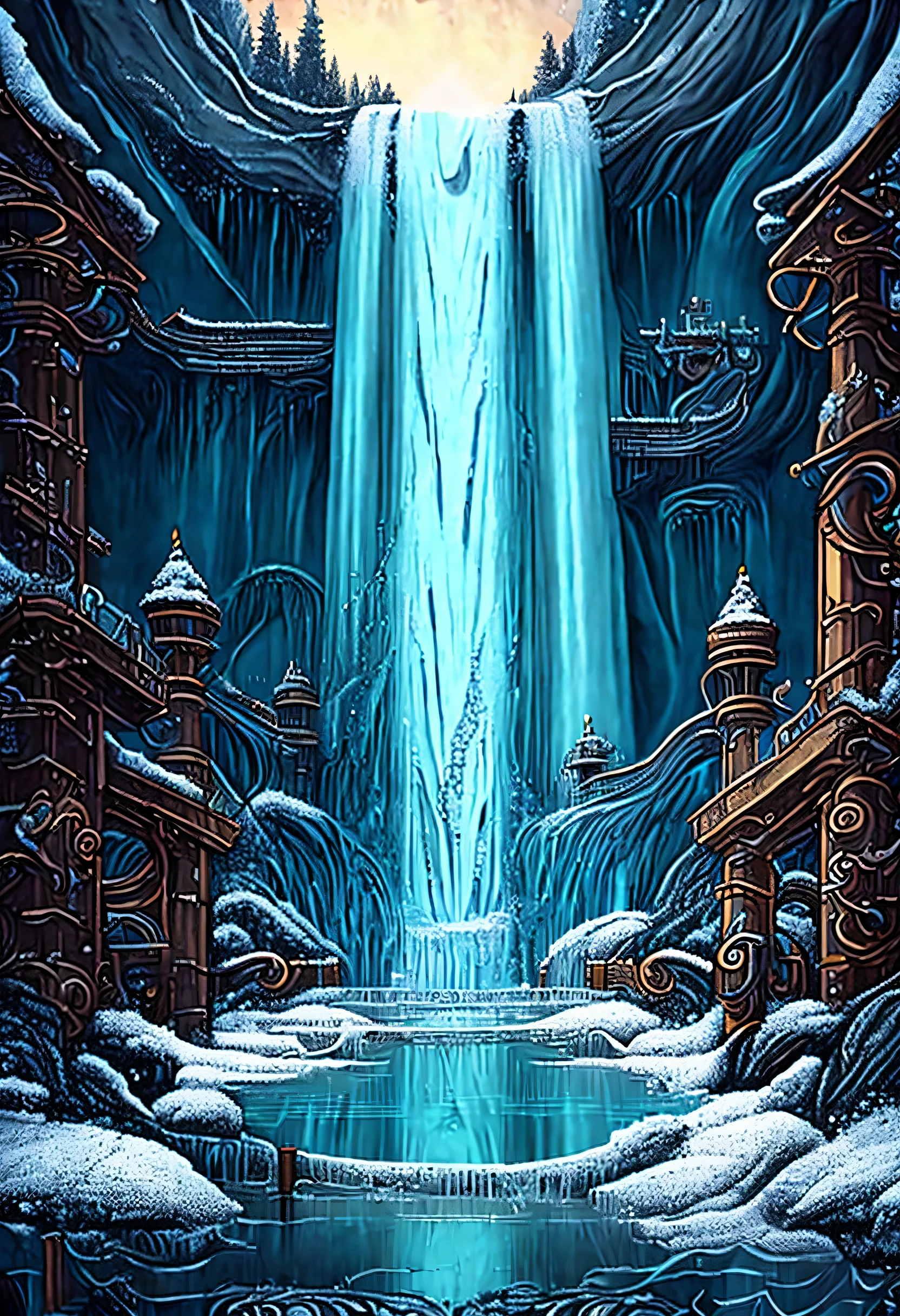 Мир, вдохновленный стимпанком, (((Потрясающий водопад в стиле стимпанк:1.3))), Величественный водопад замерзает, Захватывающее представление льда и снега, (((иллюстрация тьмы и света:1.3))), удивительный зимний водопад, Большой мост с подсветкой, кристально чистый бассейн внизу, кирпичная лестница, ведущая к мосту, украшен светящимися фонариками, серый волк пьет воду, Зубчатые колеса и трубы, естественный блеск и тени, Машины в сверкающей воде и тумане, сложная техника, (((Сложные детальные чертежи:1.3))),
