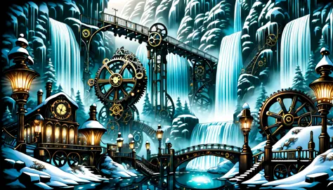A world inspired by steampunk, (((Stunning waterfall in a steampunk style:1.3))), A majestic waterfall freezes, Breathtaking rep...