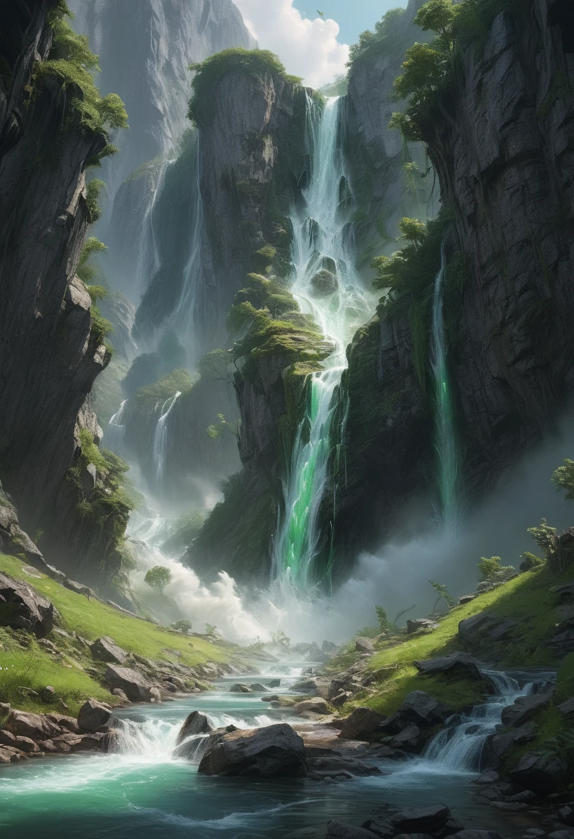 red Waterfall plunge down from super higher, Stretching endlessly through purple haze. Rushing down amidst mixed trees, Splashing out from amidst the heavy clouds, fantasy art, (best quality, masterpiece, Representative work, official art, Professional, Ultra intricate detailed, 8k:1.3)