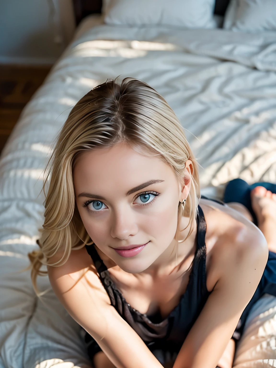 Blonde woman laying on bed with blue eyes and black dress - SeaArt AI